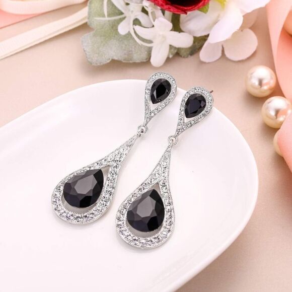 Silver with Black Onyx and White Diamond Austrian Crystal Dual Teardrop Earrings - Picture 2 of 4